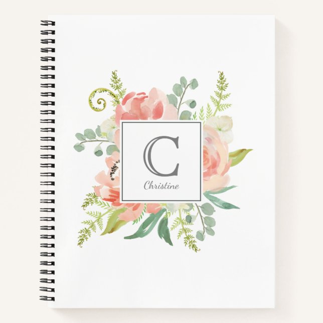 Carnet Pêche et crème Aquarelle Florale avec Monogramme (Devant)