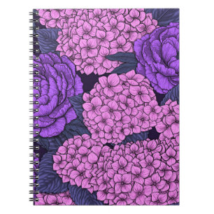 Carnet Peine et hydrangée en rose et violet