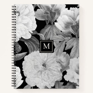 Carnet Peonies noires et blanches Aquarelle Monogramme fl