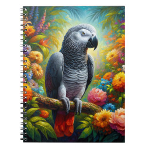 Carnet Perroquet gris africain aux fleurs colorées