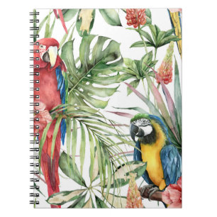 Carnet Perroquets tropicaux, hibiscus : motif d'aquarelle