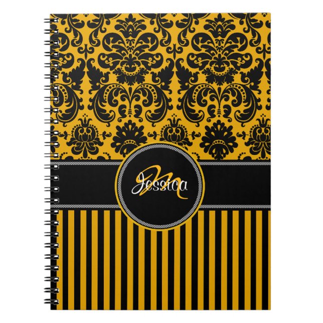 Carnet Personalisé Jaune Noir Blanc Frappé Damas (Devant)
