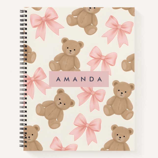 Carnet Personalized Cute Teddy Bear and Pink Bow Pattern (Devant)