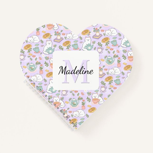Carnet Personalized Heart Tea & Bookish Cats Pastel Girly (Devant)