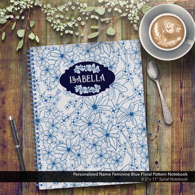Carnet Personalized Name Feminine Blue Floral Pattern (Feminine Blue Floral Pattern Spiral Notebook–Personalized with Your Name)
