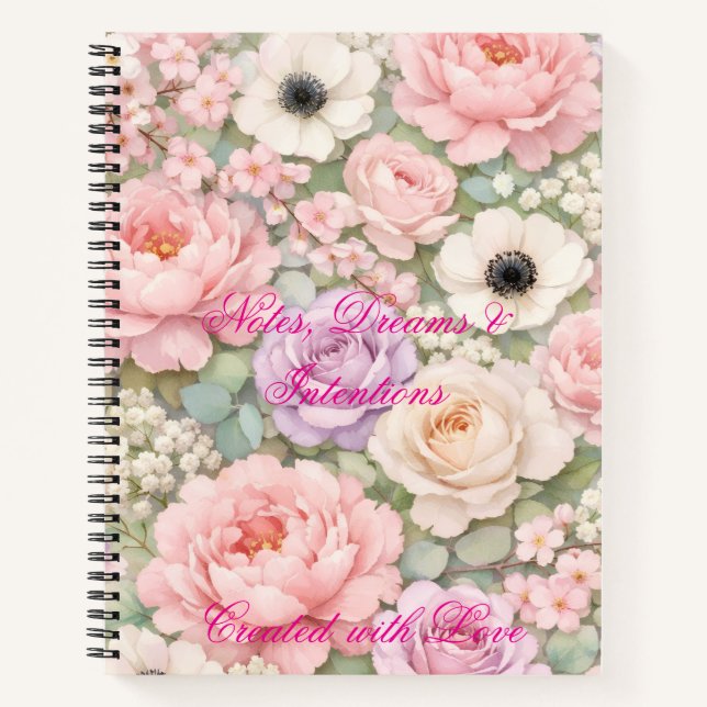 Carnet Personalized Pink Roses Spiral Notebook Women's  (Devant)