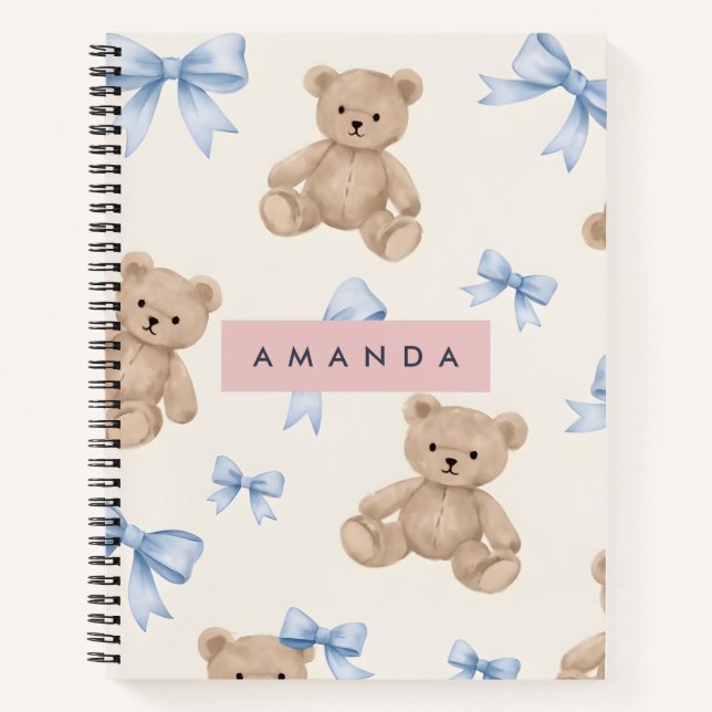 Carnet Personalized Teddy Bear & Blue Bow Pattern (Devant)