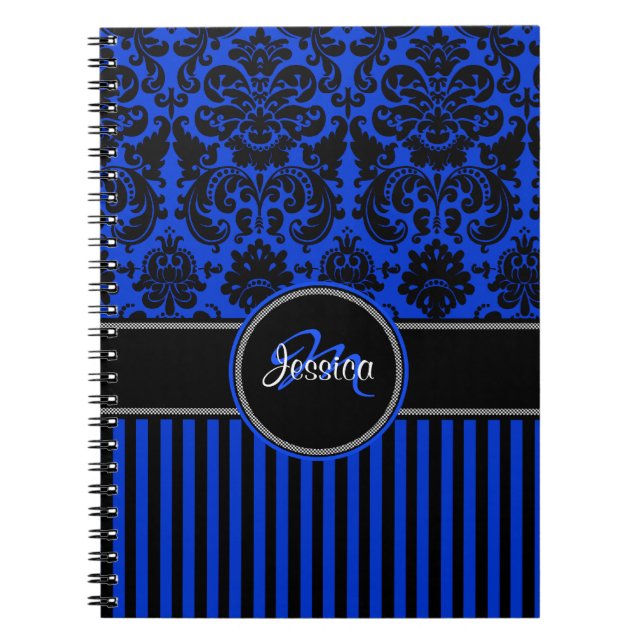 Carnet Personnalisé Bleu Noir Blanc rayé Damas (Devant)