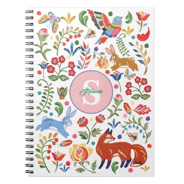Carnet Personnalisé Coloré Animal Folk Art Floral Cute (Devant)