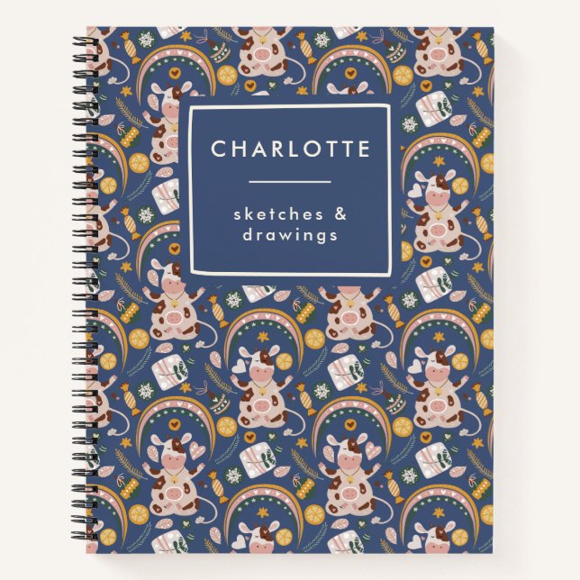 Carnet Personnalisé Mignonne Noël Yoga vache Whimsical (Devant)
