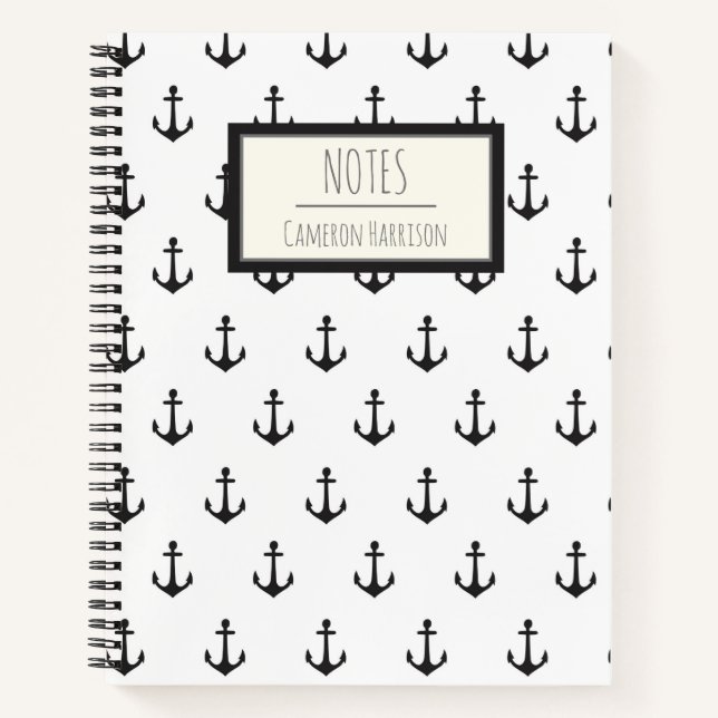 Carnet Personnalisé motif ancre noir blanc nautique (Devant)