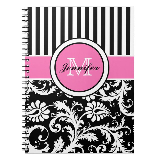 Carnet Personnalisé rose noir blanc rayé Damas (Devant)