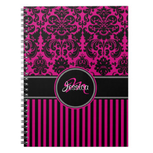Carnet Personnalisé rose noir blanc rayé Damas