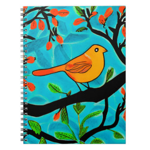 Carnet Petit oiseau orange sur une branche de fleurs