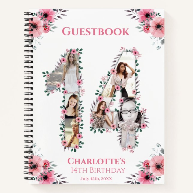 Carnet Photo Collage 14th Birthday Pink Flower Guest Book (Devant)