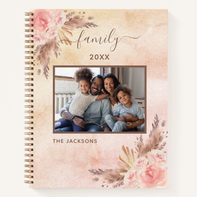 Carnet Photo de famille pampas herbe rose or rose fleurs (Devant)