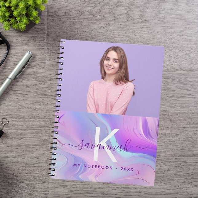 Carnet Photo personnalisée holographique rose violet mono (Créateur téléchargé)