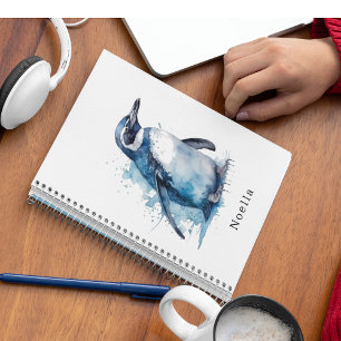 Carnet pingouin dans l'aquarelle bleue