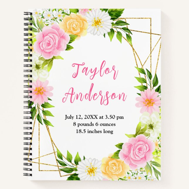 Carnet Pink and Yellow Floral Baby Birth Stats (Devant)