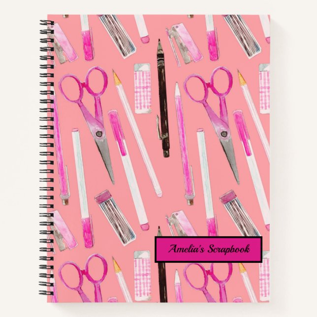 Carnet Pink ciseaux stylo crayon gomme marqueur personnal (Devant)