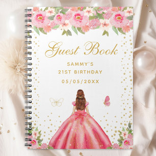 Carnet Pink Floral Brown Hair Princess Guest Book