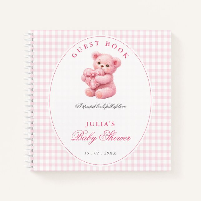 Carnet Pink Gingham Teddy Bear Neutral Baby Shower (Devant)
