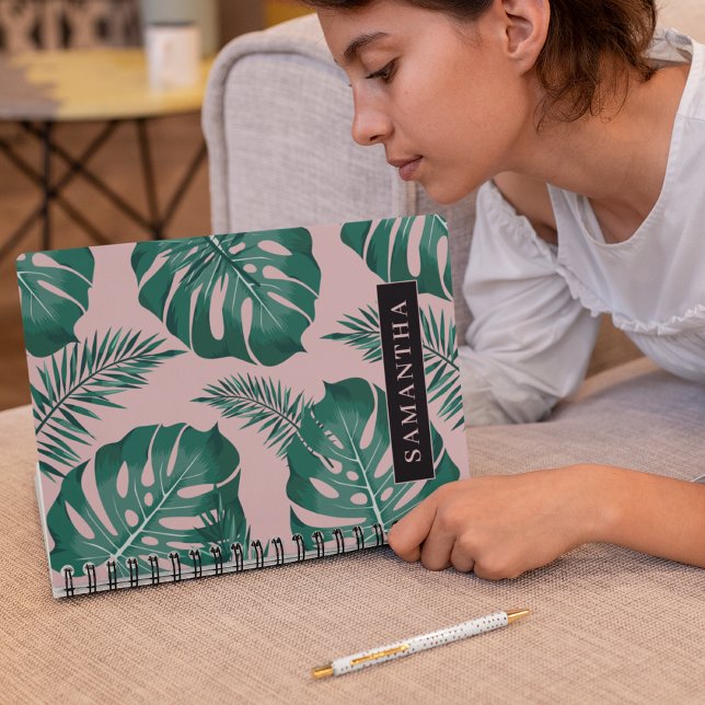 Carnet Pink & Green Palm Feuille Motif & nom (Créateur téléchargé)