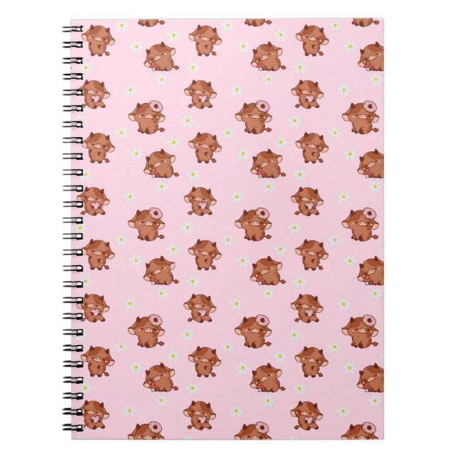 Carnet Pink Kawaii Highland Cows Seamless Pattern (Devant)