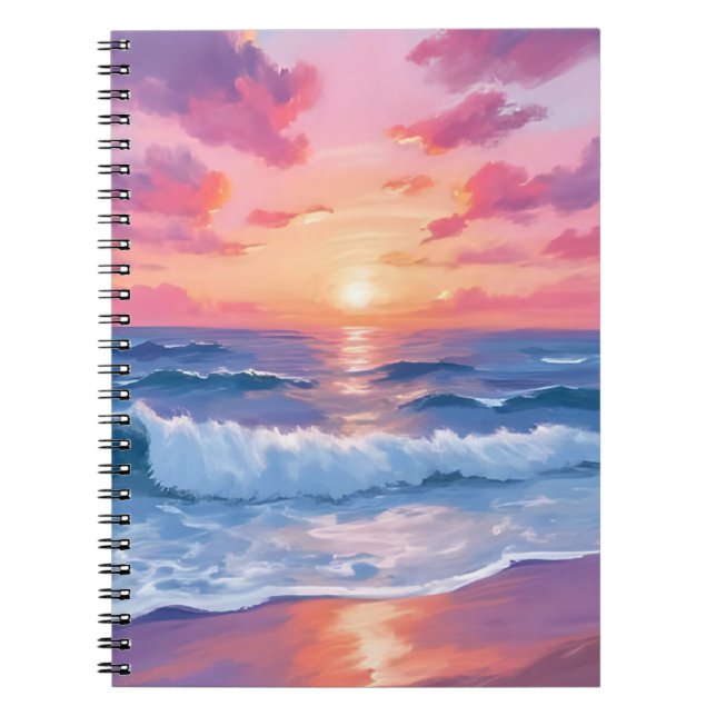 Carnet Pink Ocean Waves Sunset Watercolor (Devant)