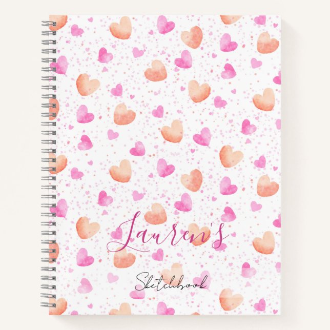 Carnet Pink & Peach Hearts Splash Custom Sketchbook (Devant)
