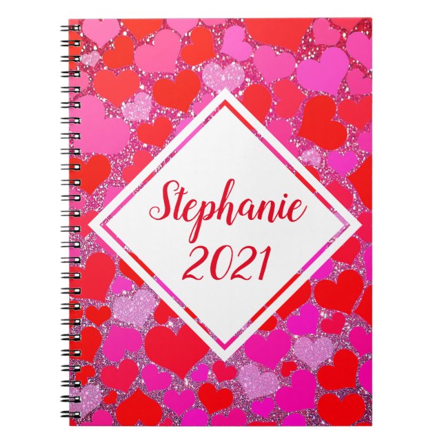 Carnet Pink Red Hearts Motif Parties scintillant Nom du m (Devant)