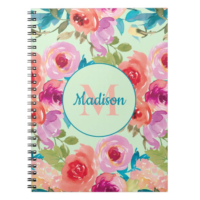 Carnet Pink violet Floral Turquoise Feuille Monogramme de (Devant)