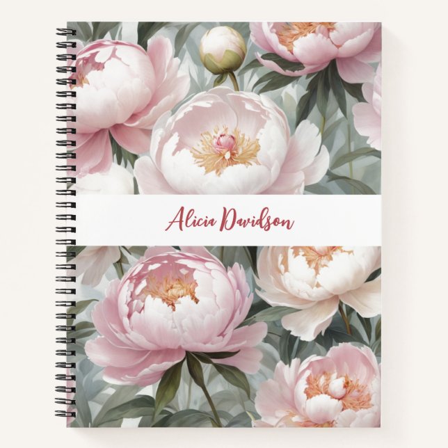 Carnet Pivoines roses aquarelles douces | votre nom (Devant)
