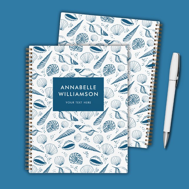 Carnet Plage de coquillages bleu et blanc (Seashell blue and white personalized notebook)