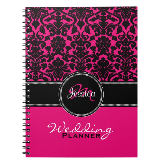 Carnet Planneur Mariage damassé rose noir rose (Devant)