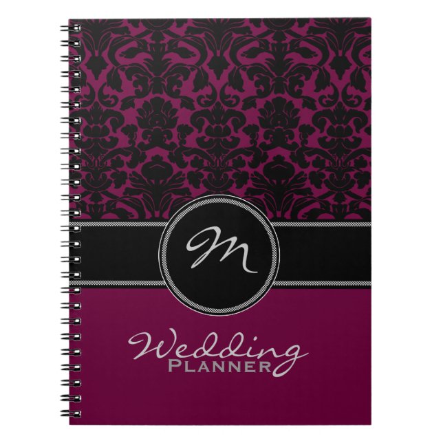 Carnet Plum noir noir blanc Mariage damassé Planner (Devant)