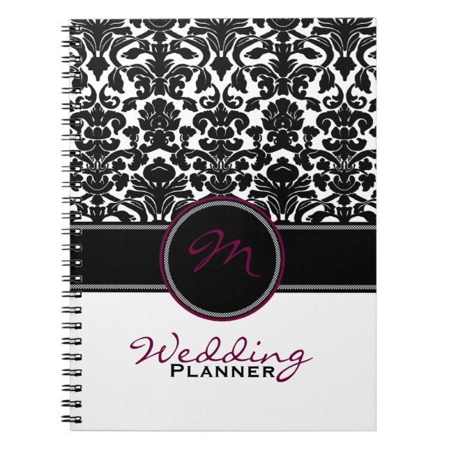 Carnet Plum noir noir blanc Mariage damassé Planner (Devant)