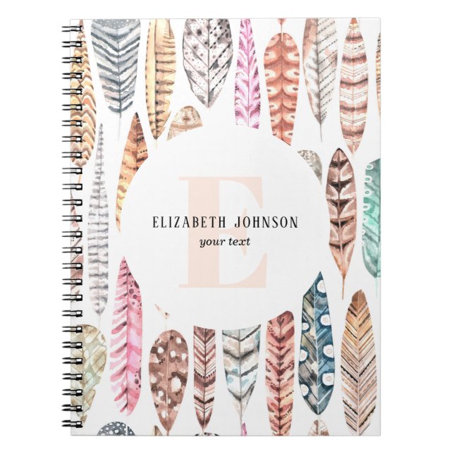Carnet Plumes d'aquarelle. Name. Motif de boho féminin (Devant)