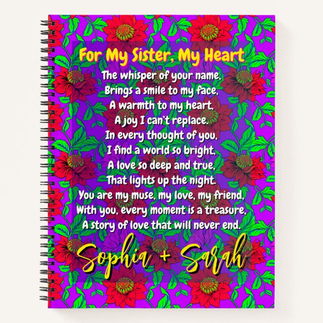 Carnet Poème cool pour ma soeur | Cadeau floral personnal (Devant)