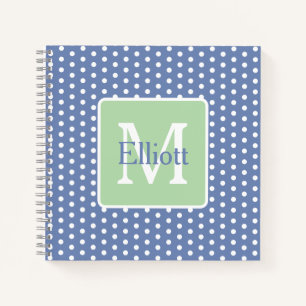 Carnet Points Bleus et Blancs avec Monogramme Vert