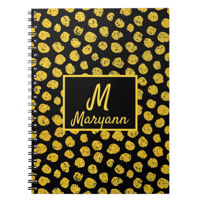 Carnet Points dorés Or Noir Nom & Monogramme Glamour (Devant)