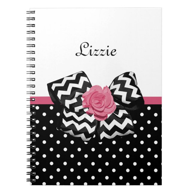 Carnet Points noirs mignons Rose rose Chevron Bow et nom (Devant)