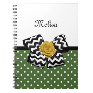 Carnet Points verts mignons Rose jaune Chevron Bow et nom
