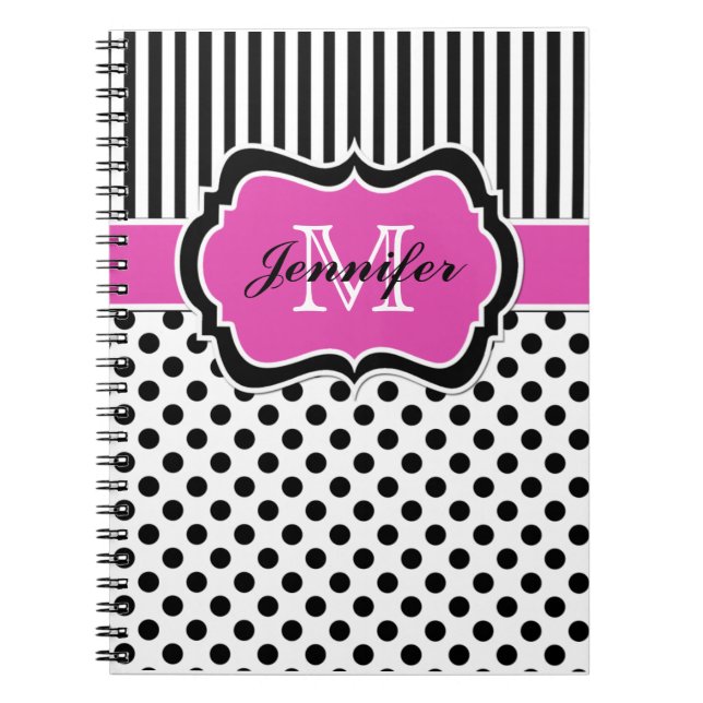 Carnet Pois à rayures blanches roses personnalisées (Devant)