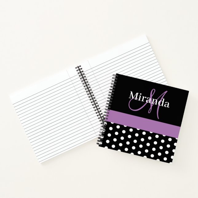 Carnet Pois de script de monogramme noir blanc violet (Intérieur)