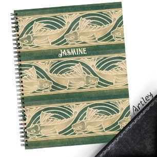 Carnet Poisson Art Nouveau turquoise dans les vagues Nom 
