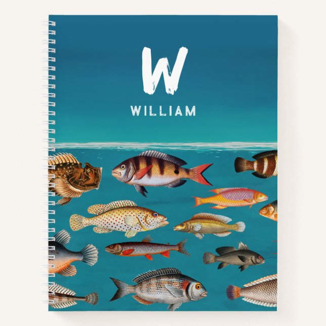 Carnet Poisson Monogramme Sous Océan Bleu (Devant)