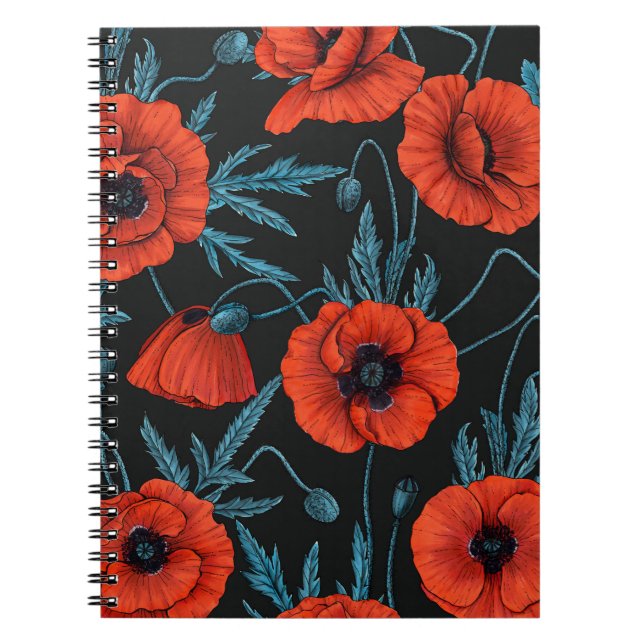 Carnet Poppies, rouge et bleu sur noir (Devant)