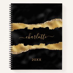 Carnet Porte d'or noir marbre nom script élégant