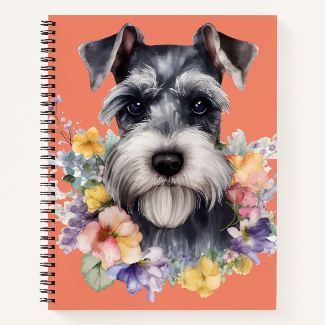 Carnet Portrait mignon Schnauzer avec fleurs (Devant)